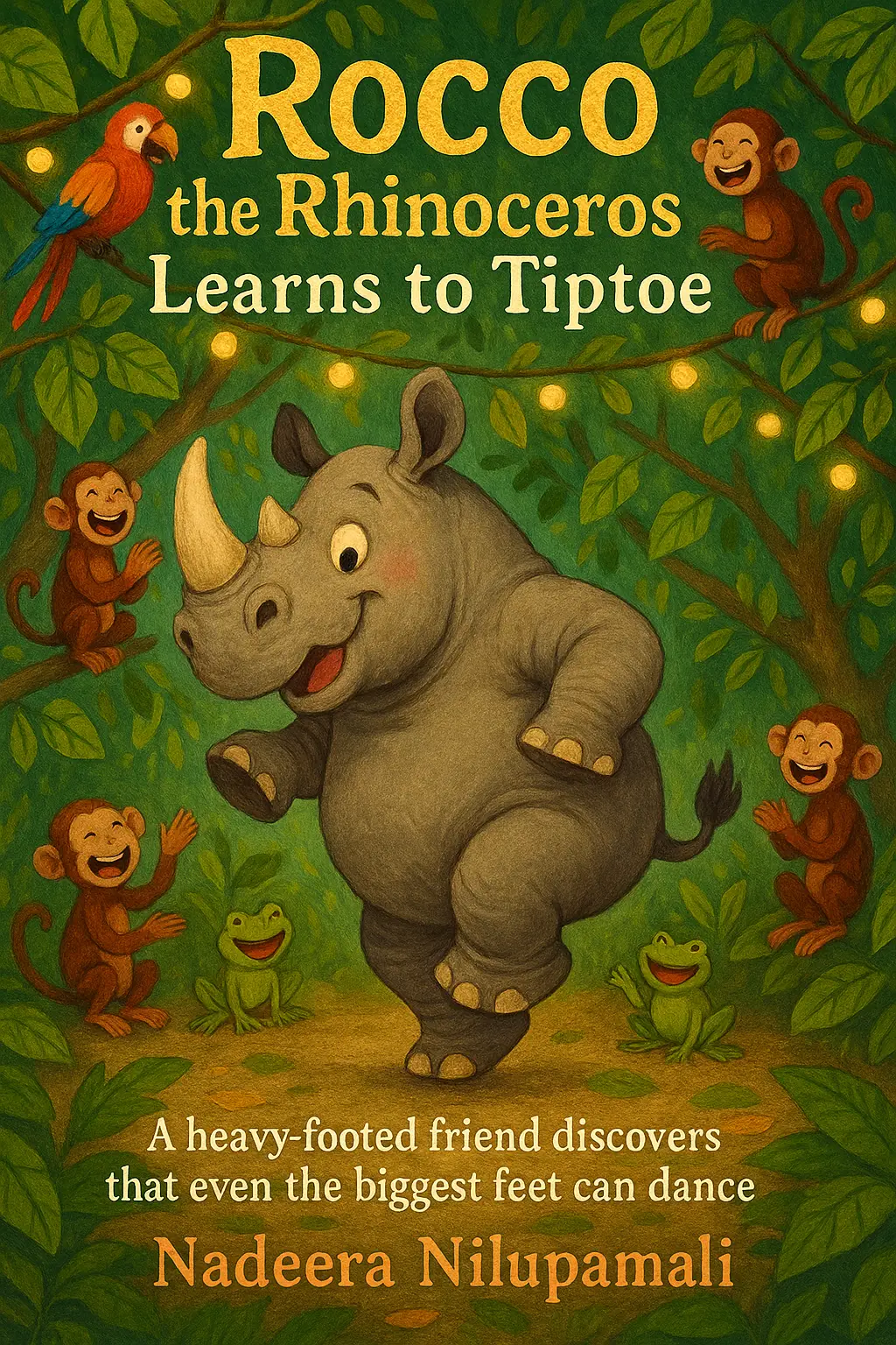 Title: Rocco the Rhinoceros Learns to Tiptoe - A heavy-footed friend discovers that even the biggest feet can dance